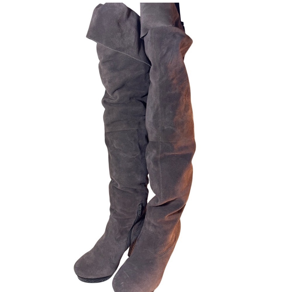 Bakers Grey Suede Over The‎ Knee Boots Snakeskin Platform Stiletto Heel 8.5B